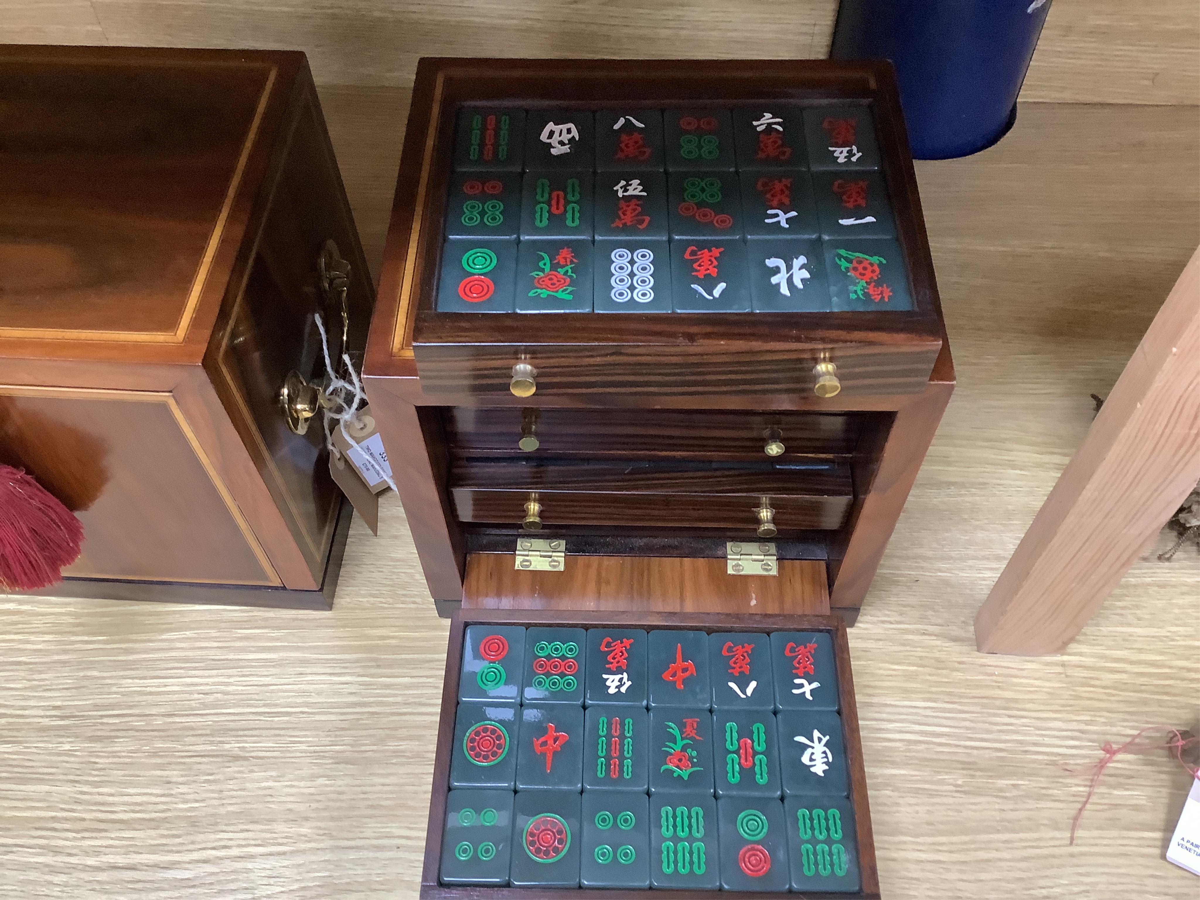 Two mahogany-cased hardstone mahjong sets, 22.5cm tall